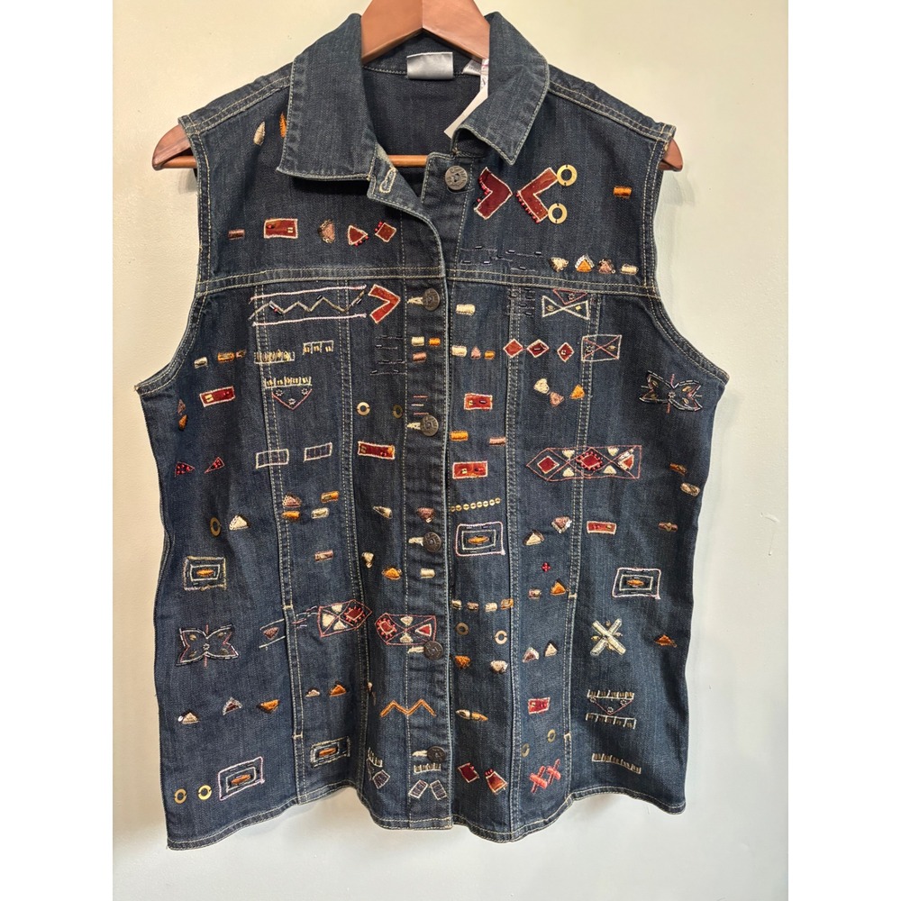 Chicos Women's Denim Jean Vest Aztec Style Size 2  -‎ US Size M